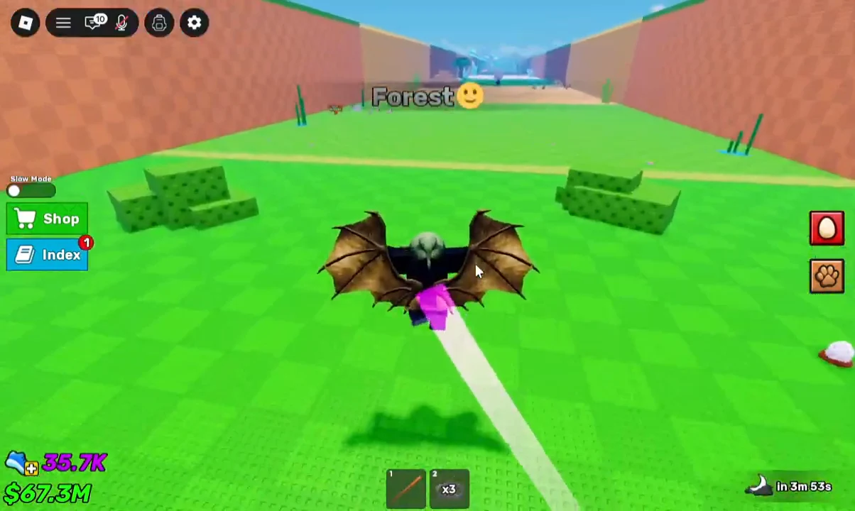 Winged avatar flying forward through the Forest zone with Shop and Index buttons on screen