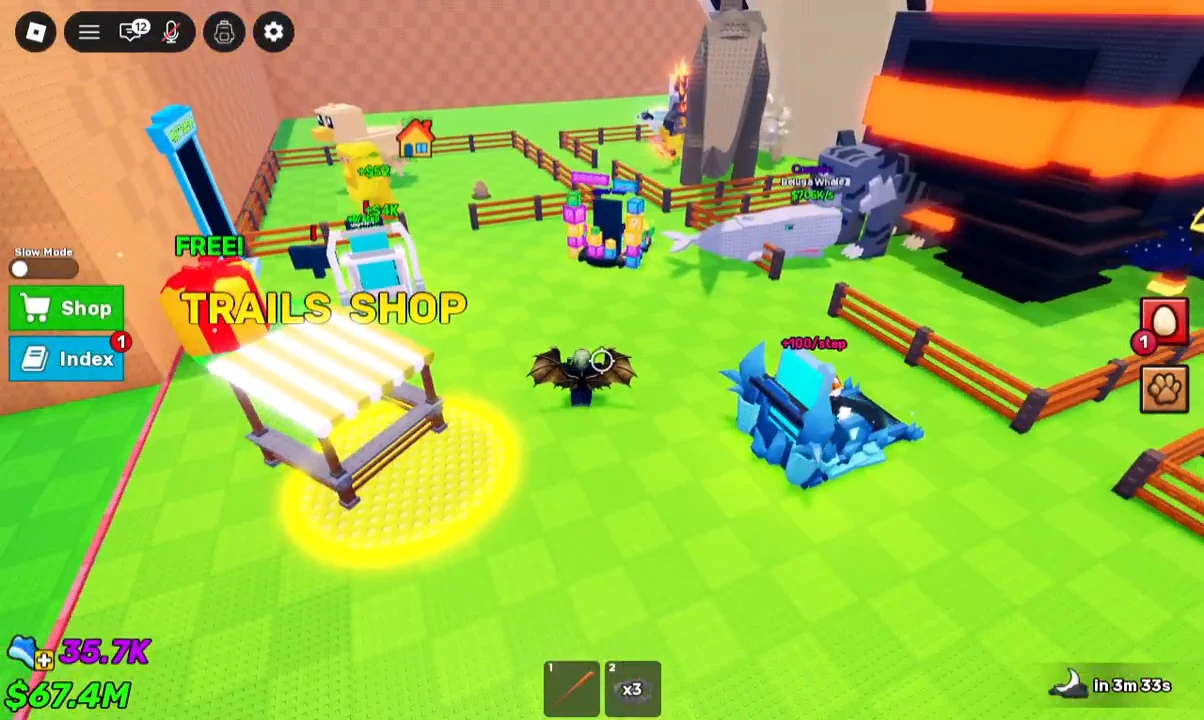 Player walking toward the glowing yellow TRAILS SHOP stall in the Safe Zone