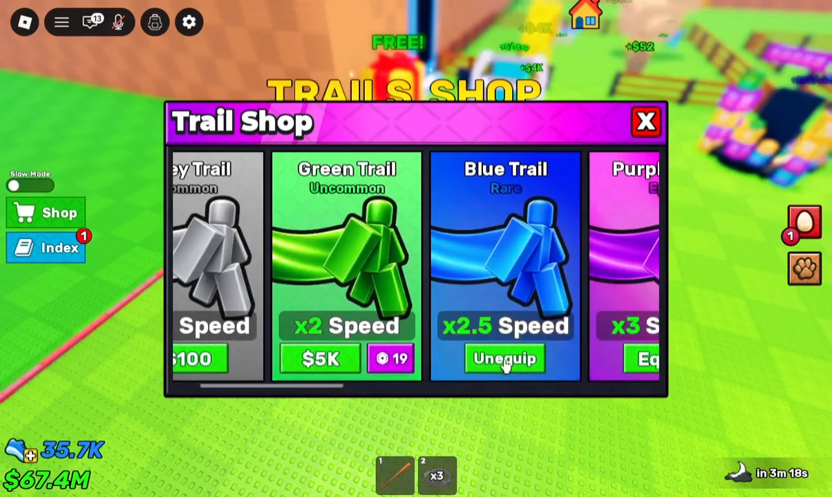 Trail Shop menu open with the Blue Trail showing an Unequip button, confirming it is active