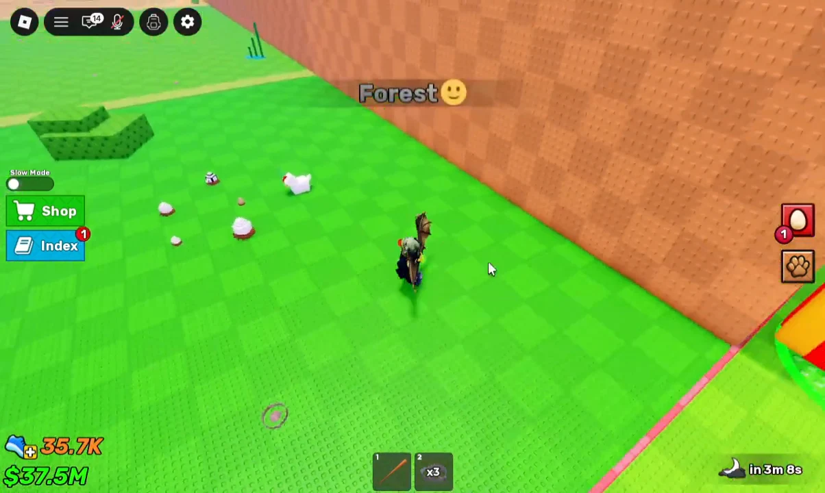 Player moving quickly among scattered pets in the Forest with a trail effect active