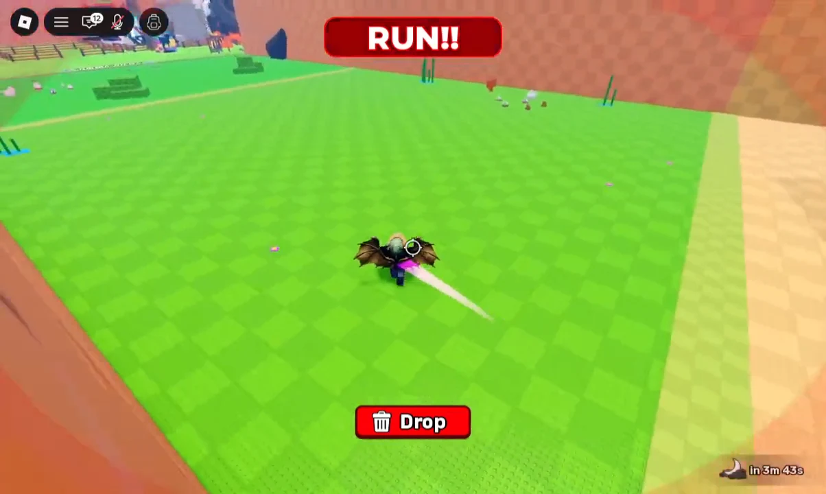 Red RUN warning on screen as the player sprints across the arena carrying an egg