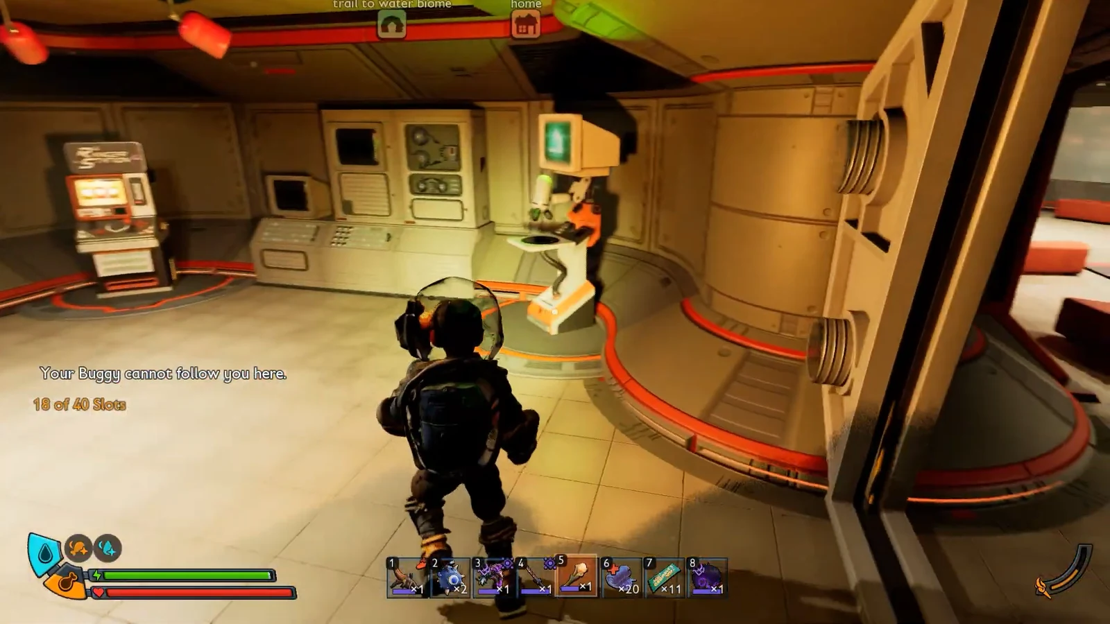 Grounded 2 on-screen warning that a Buggy cannot follow the player into an interior room with consoles