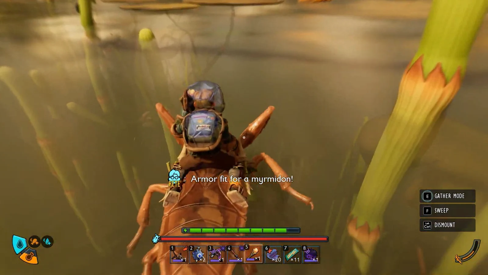 Player riding a giant insect mount with the E Gather Mode prompt on screen in Grounded 2
