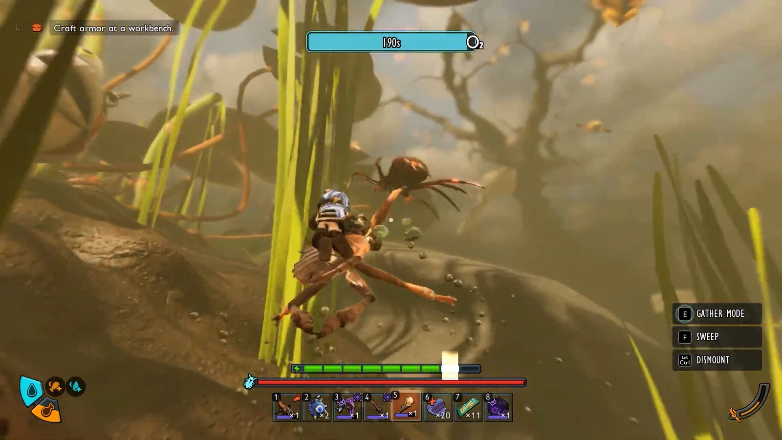 Player on an insect mount underwater in Grounded 2 with an active craft-armor objective on screen