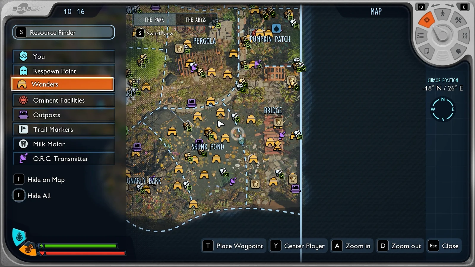 Grounded 2 map screen with the Resource Finder set to Wonders, marking pond locations
