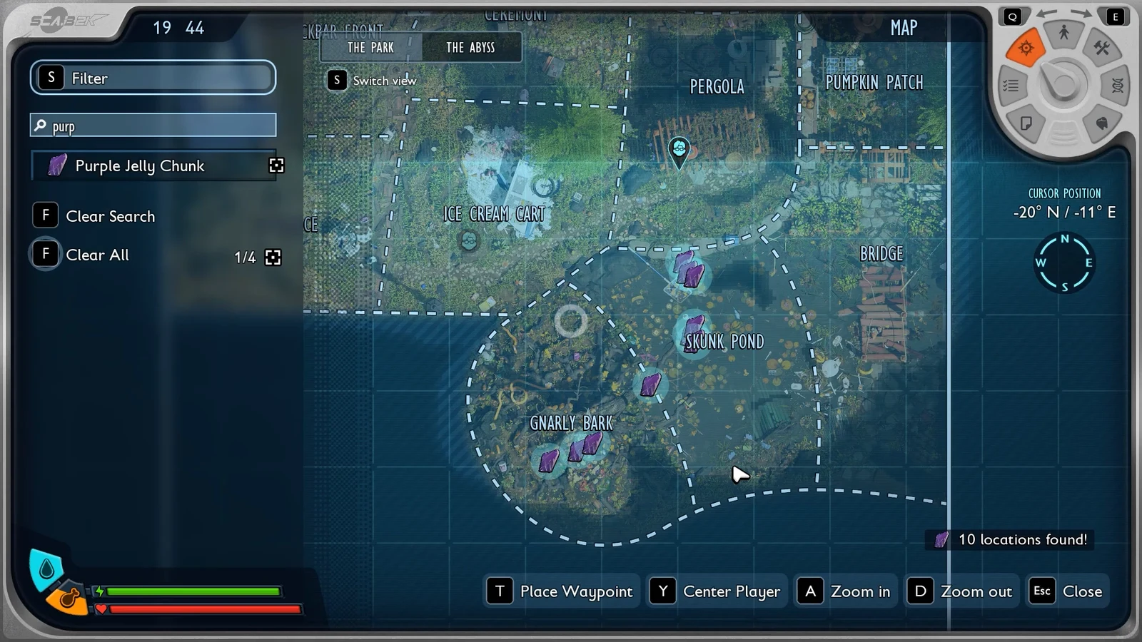 Map screen filtered for purp showing Purple Jelly Chunk nodes in Skunk Pond and Gnarly Bark