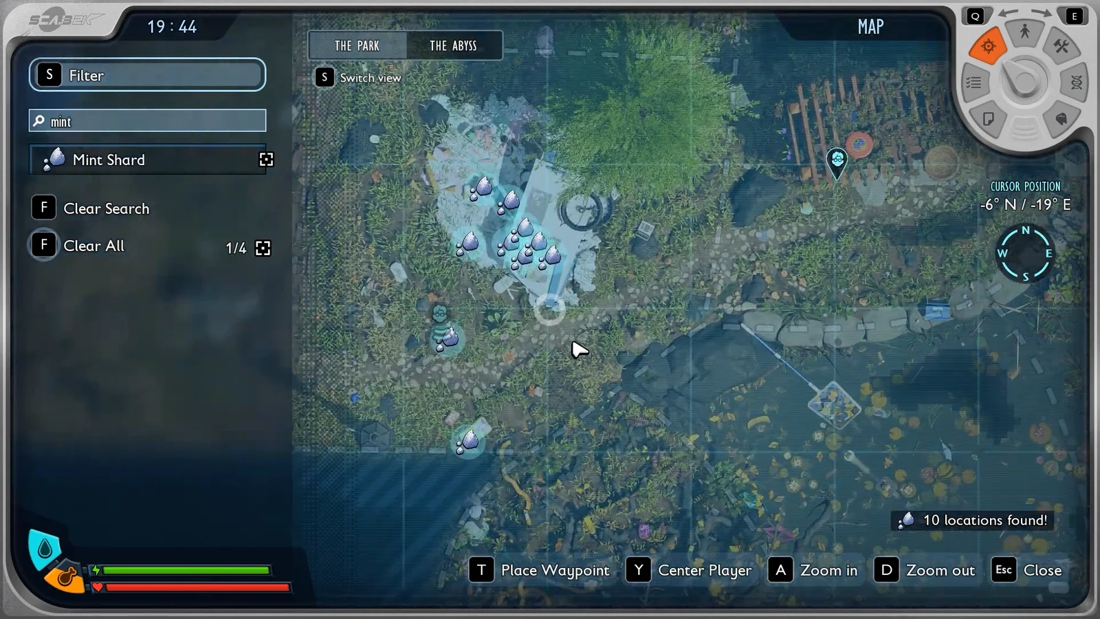 Map screen filtered for Mint Shard showing discovered nodes across the park