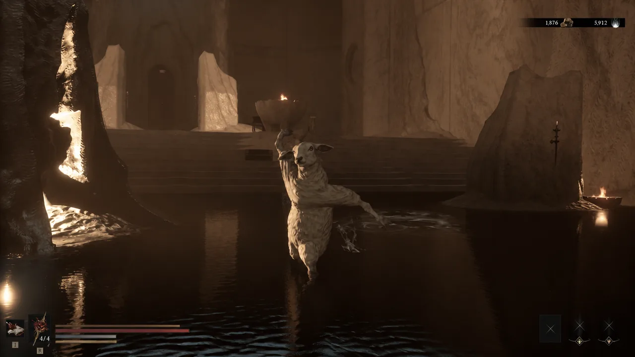 Sheep form active in Mortal Shell 2 while facing a horned creature in a flooded cavern