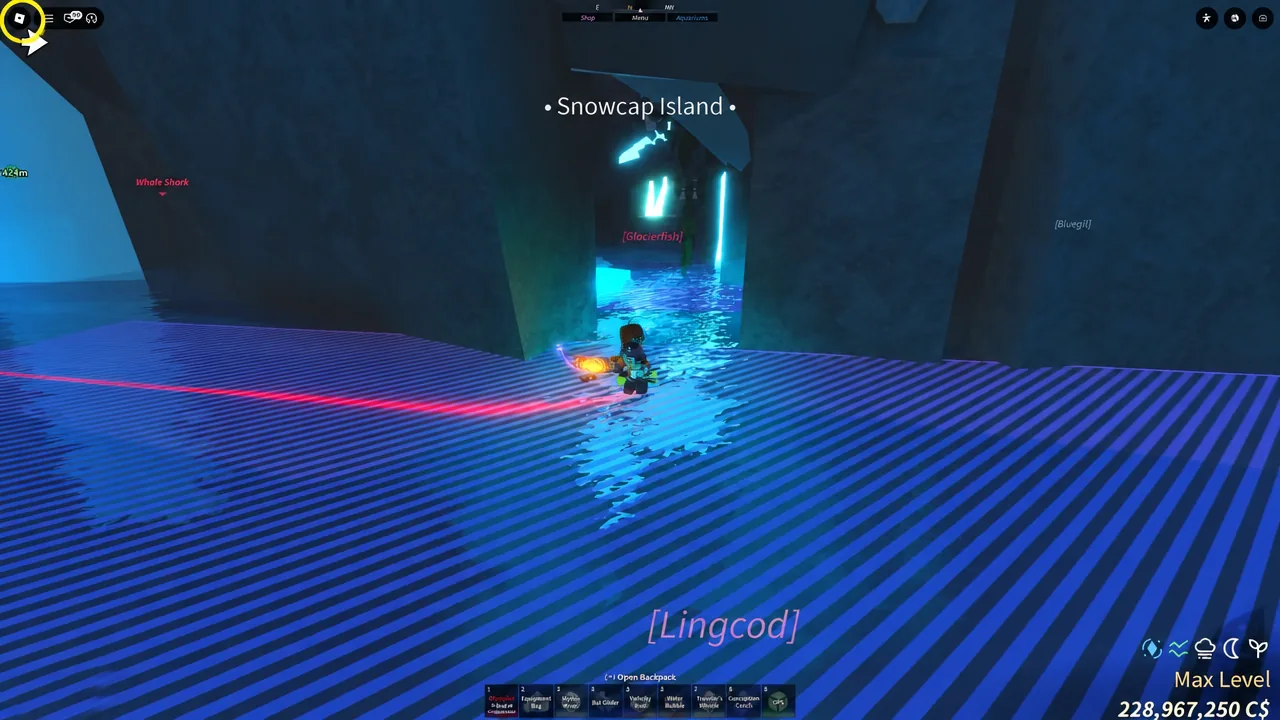 Snowcap Island gameplay view with the menu button highlighted in the top-left corner of the screen