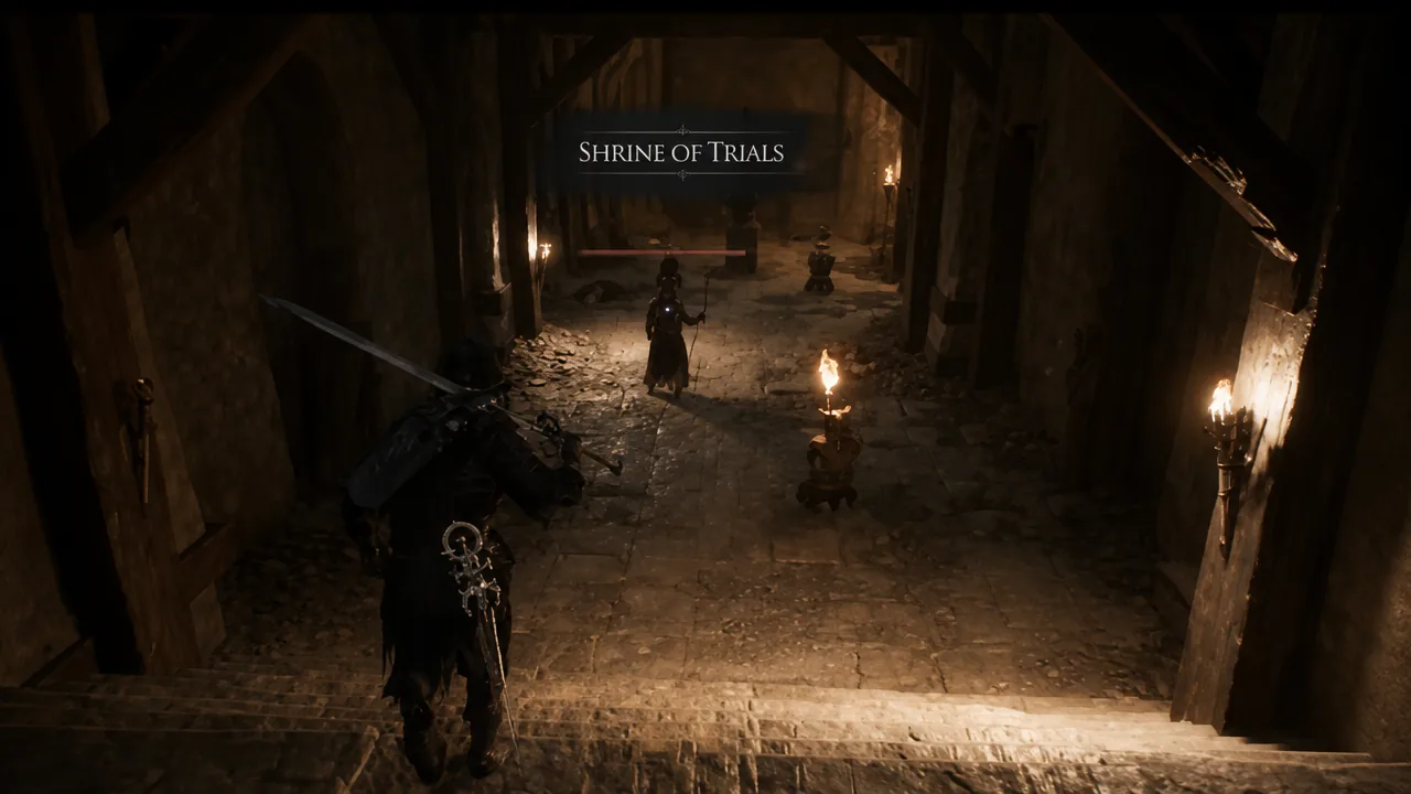 Player descending stairs into the torchlit Shrine of Trials toward an enemy
