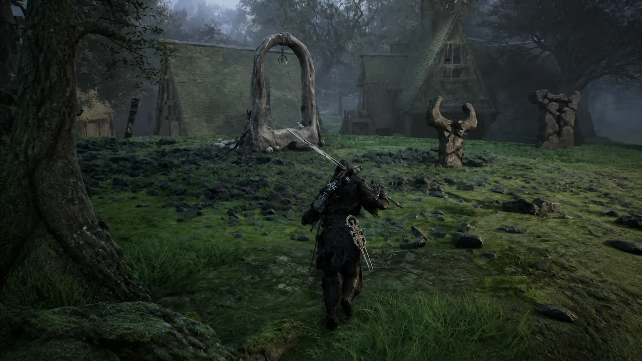 Player character walking toward a large stone archway in a moss-covered village clearing
