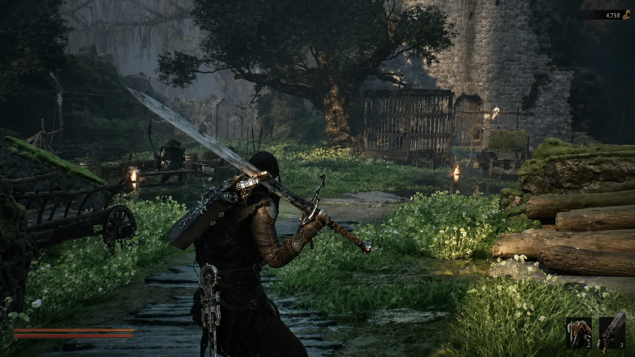 Armored character with a greatsword moving through a forested courtyard toward the statue
