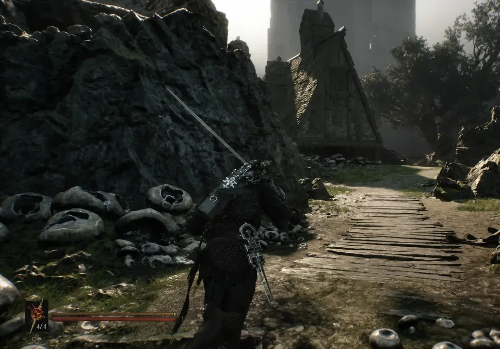 Armored character advancing along a wooden path toward a stone building with the HUD visible
