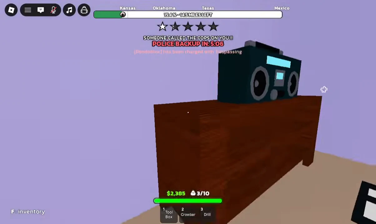 Police backup countdown on the HUD while trespassing near a boombox, with Tool Box, Crowbar and Drill in the hotbar