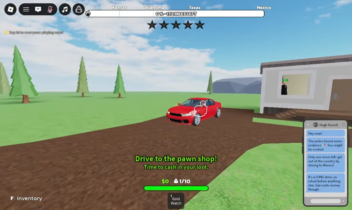 On-screen prompt reading Drive to the pawn shop as the player readies the red car with early loot