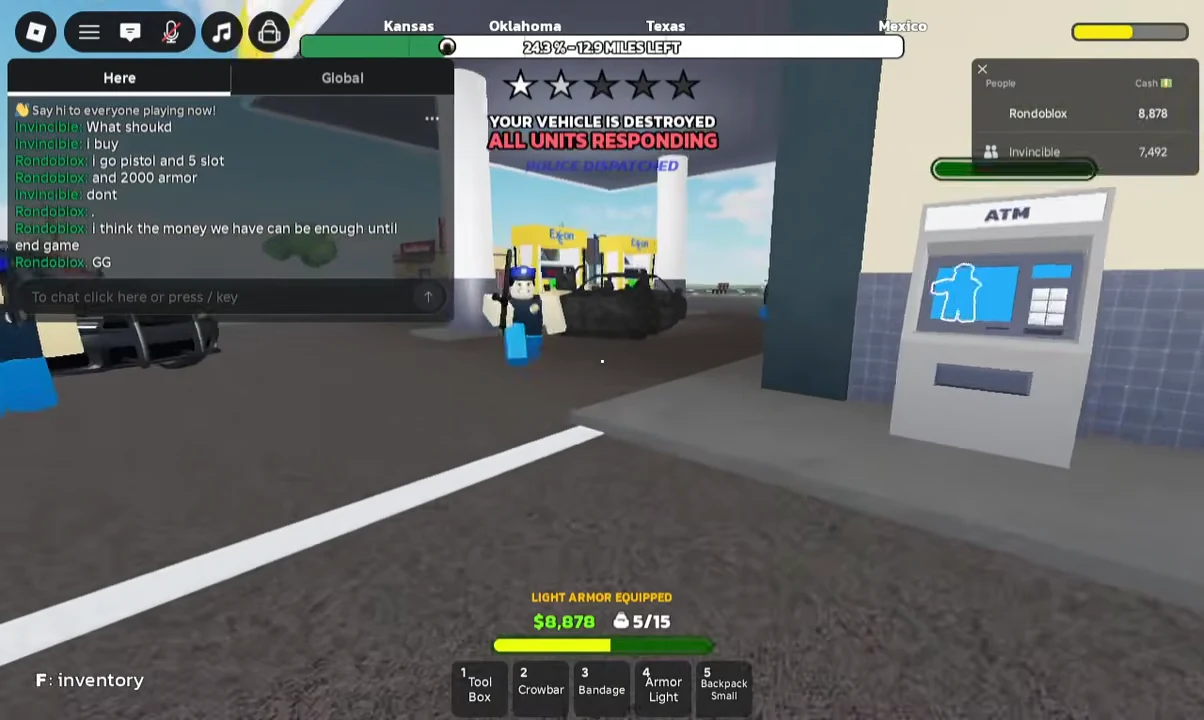 Player approaching an ATM kiosk after losing the vehicle, with the inventory hotbar visible