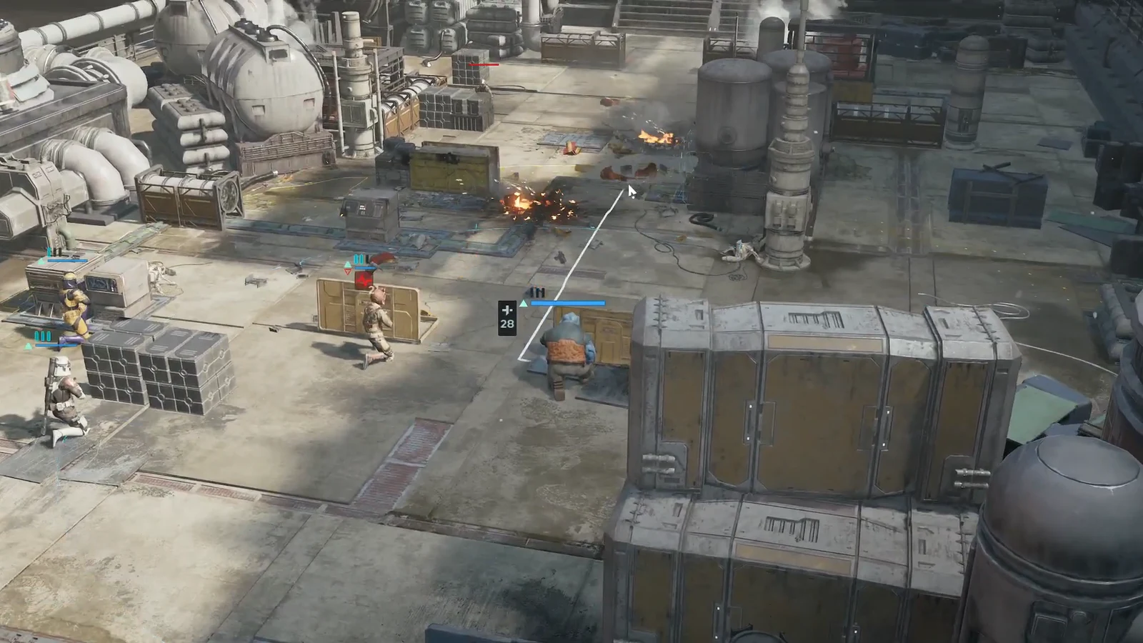 Blue-armored operator advancing along the movement path while allies engage enemies