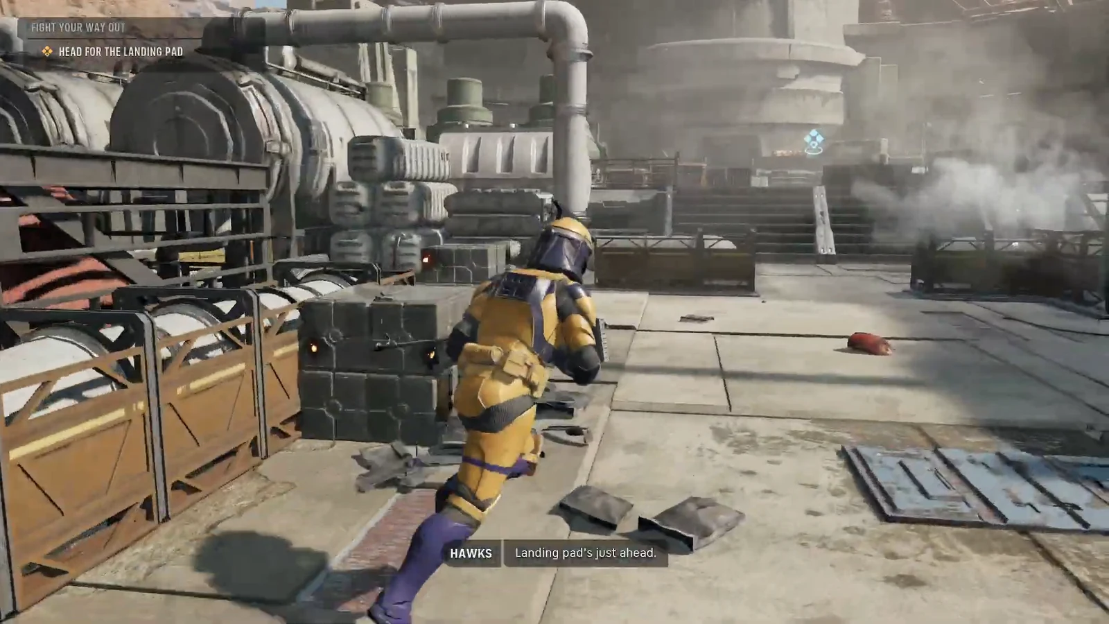 Fight Your Way Out objective directing the player across the rooftop toward the landing pad