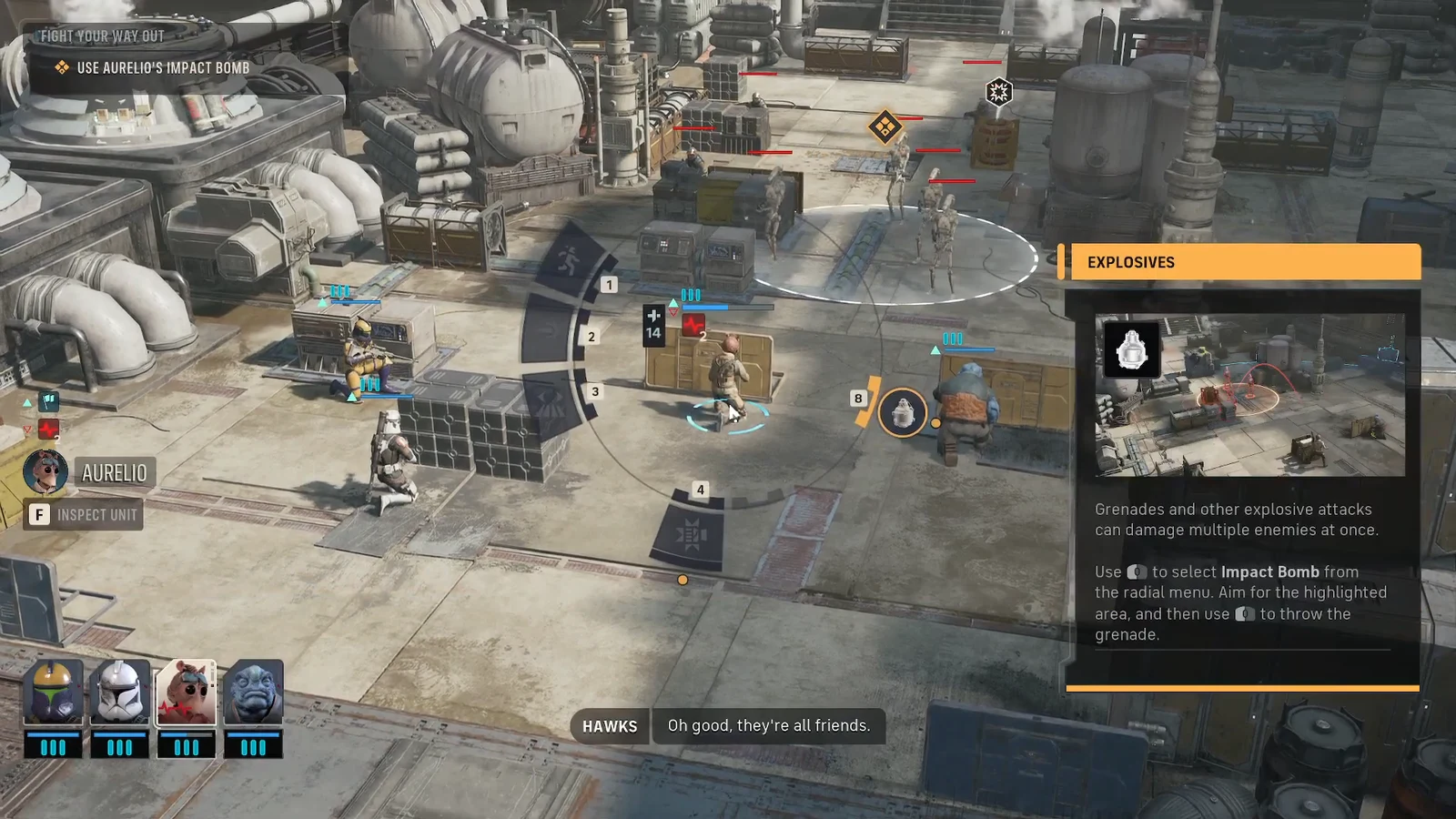 Explosives tutorial showing Aurelio's Impact Bomb selected in the radial menu