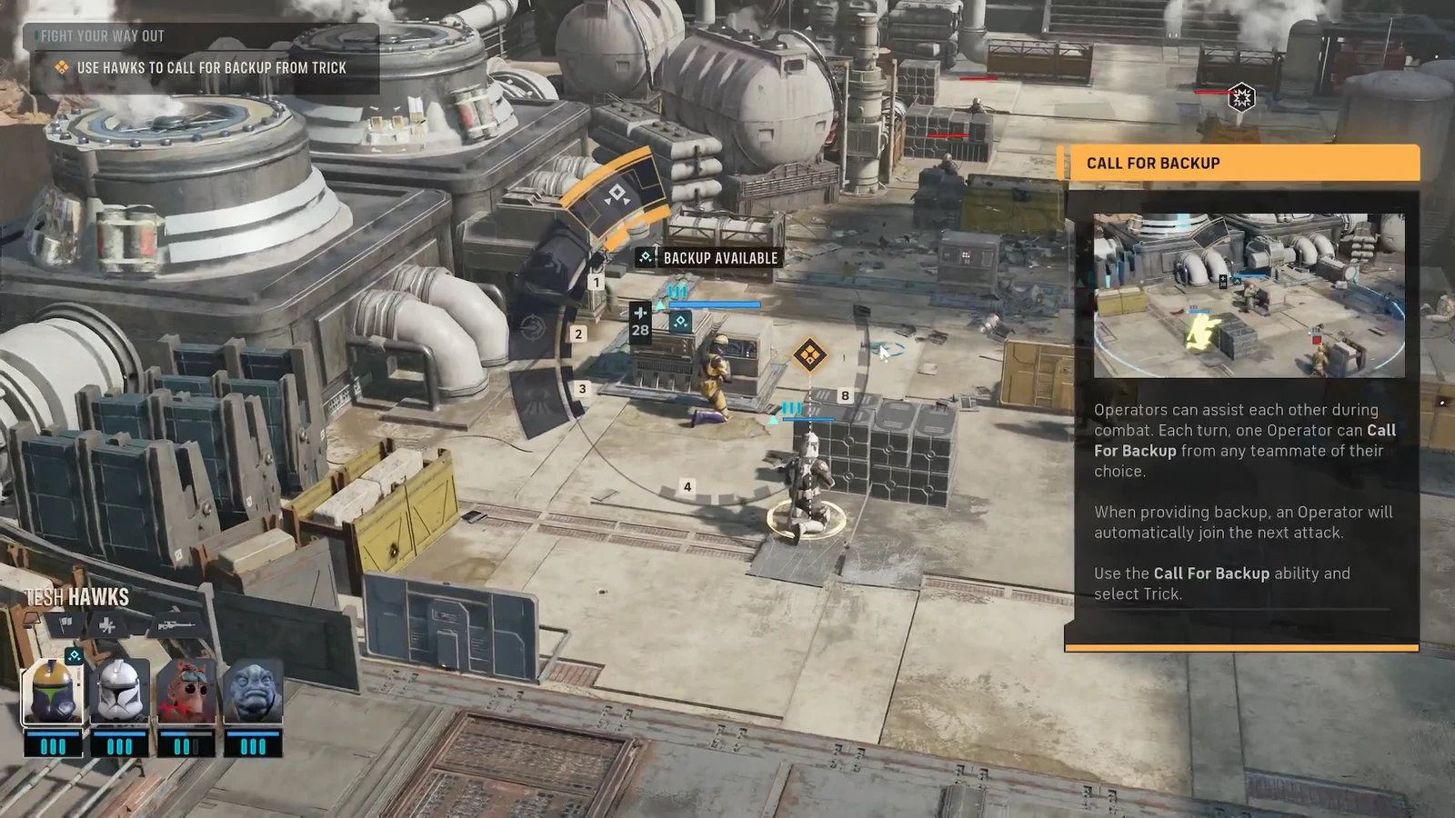 Call for Backup tutorial panel prompting the player to select Trick