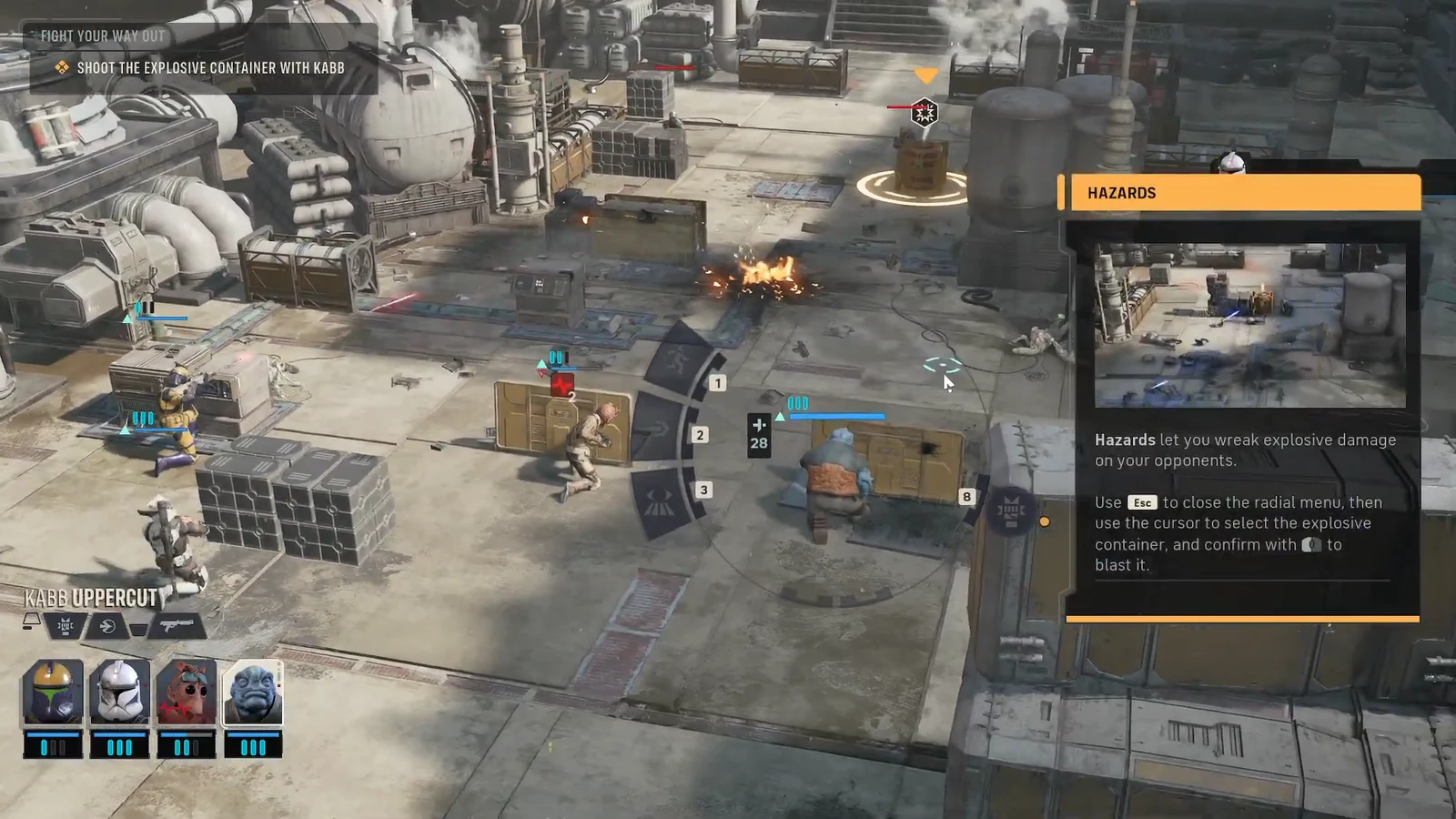 Hazards tutorial highlighting an explosive container to shoot near an enemy