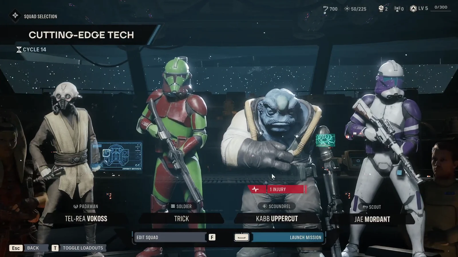 Squad Selection screen for Cutting-Edge Tech with four Operators chosen and Launch Mission highlighted