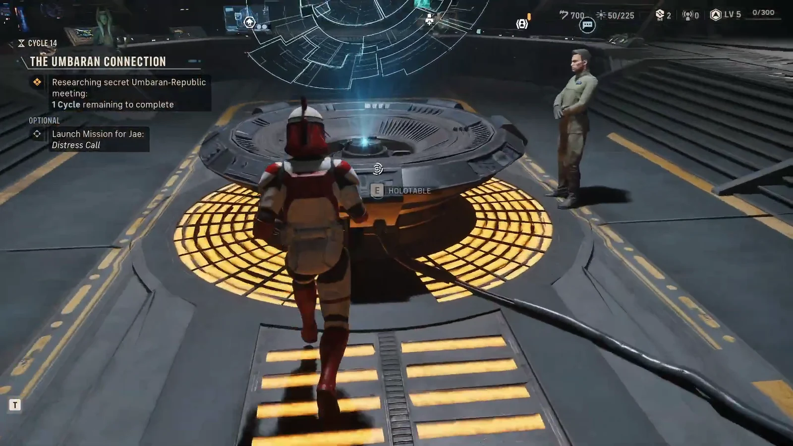 Prompt to press E at the Holotable to launch Jae's optional Distress Call mission
