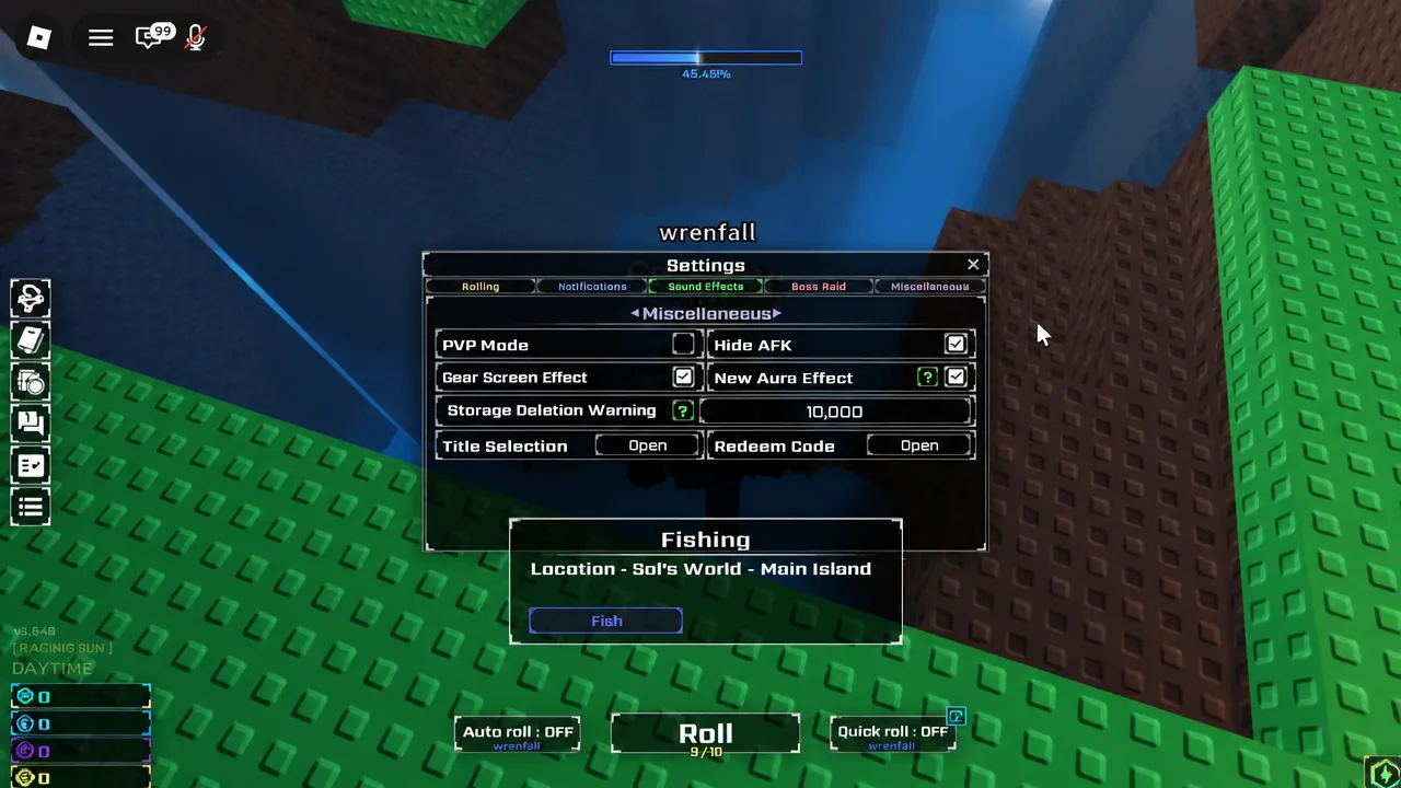 Hide AFK checked in the Miscellaneous tab while the Fish prompt shows on Main Island
