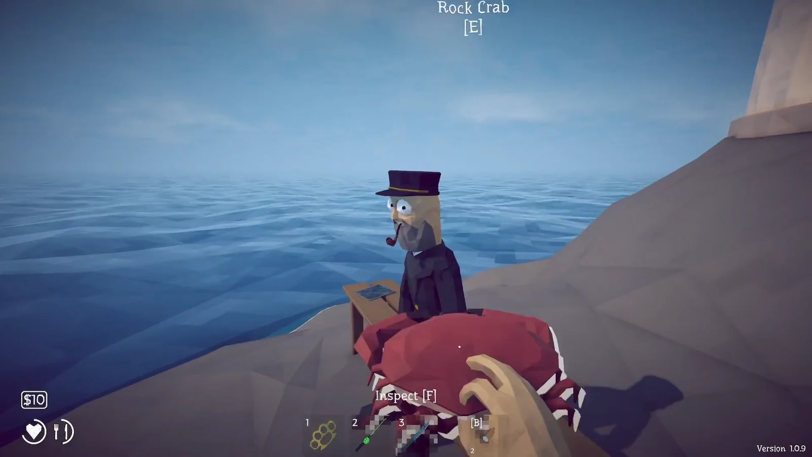Rock Crab highlighted with the Inspect F prompt next to the character on the shore
