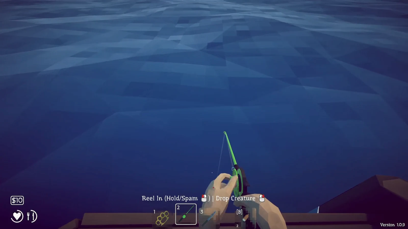 Player reels in a creature with the rod equipped in hotbar slot 2 and the Reel In prompt showing
