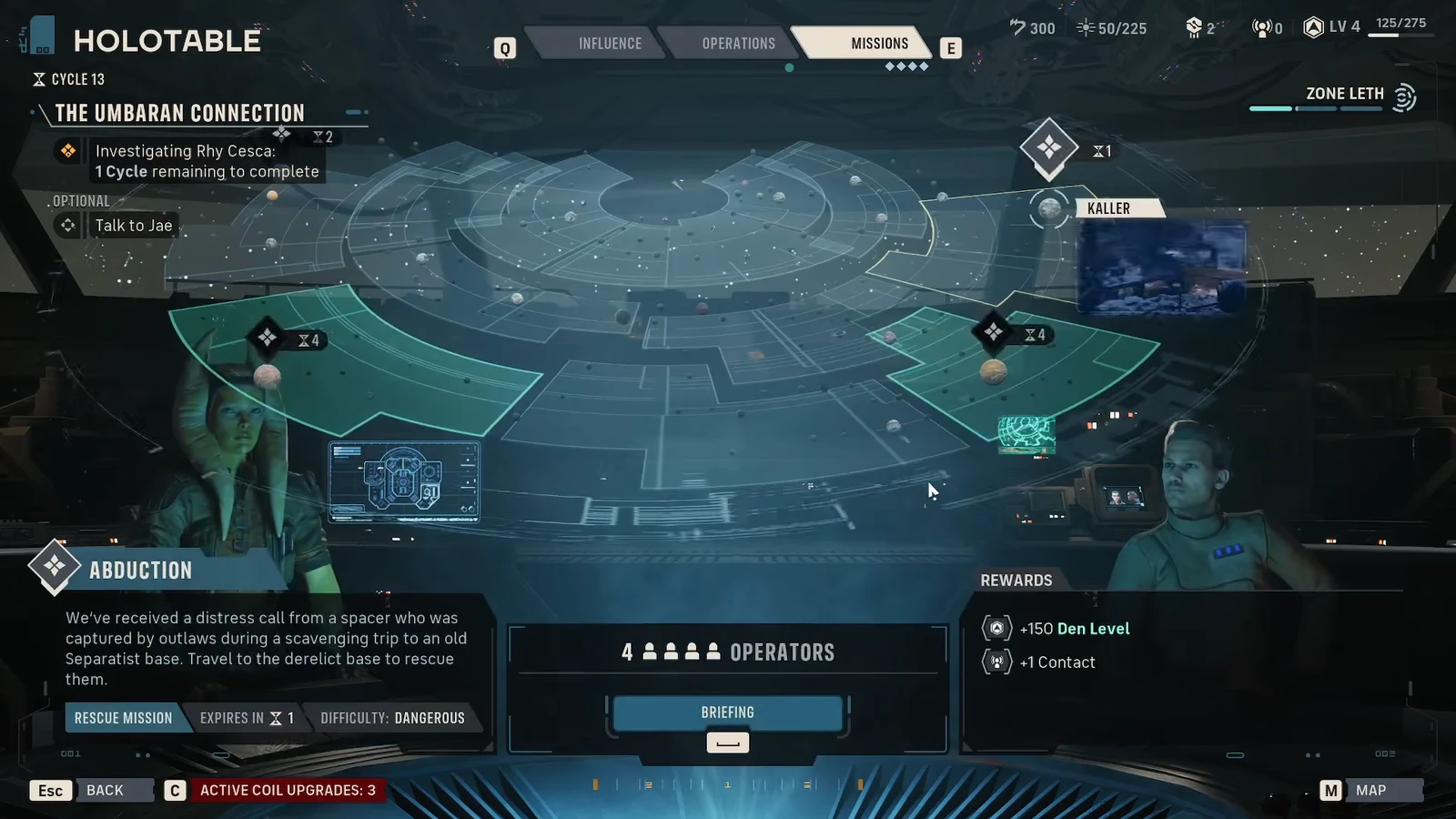 Briefing button on a highlighted side mission, ready to open the full mission details