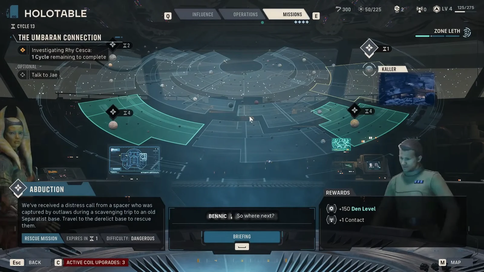 Missions tab on the Holotable with the Abduction rescue mission selected and its rewards listed