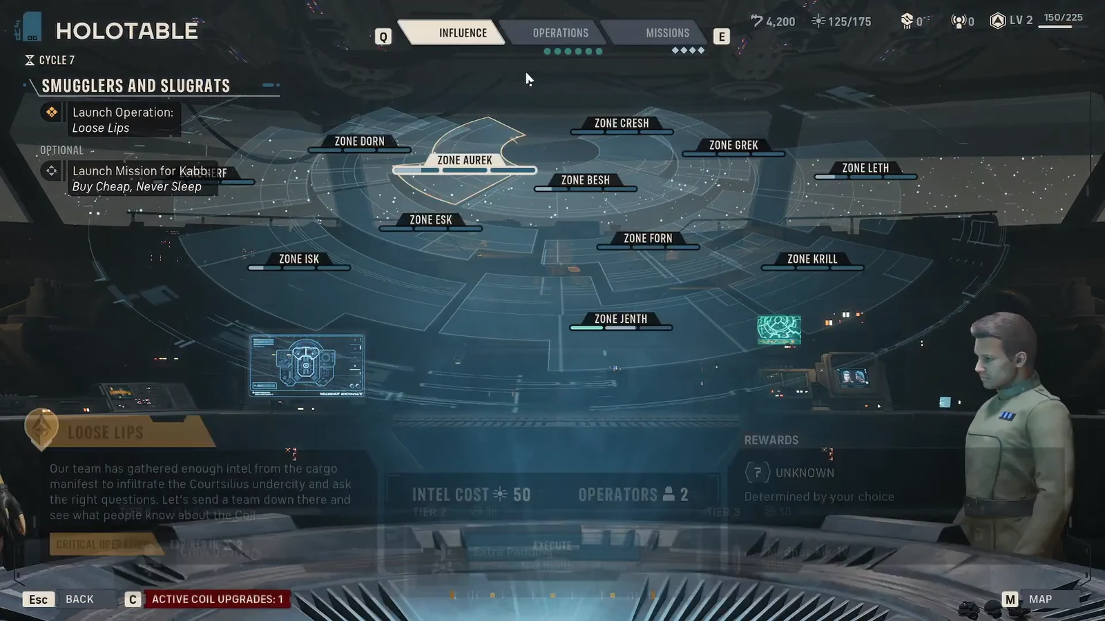 The Holotable's Influence map with Zone Aurek highlighted, alongside the option to launch Operation: Loose Lips.