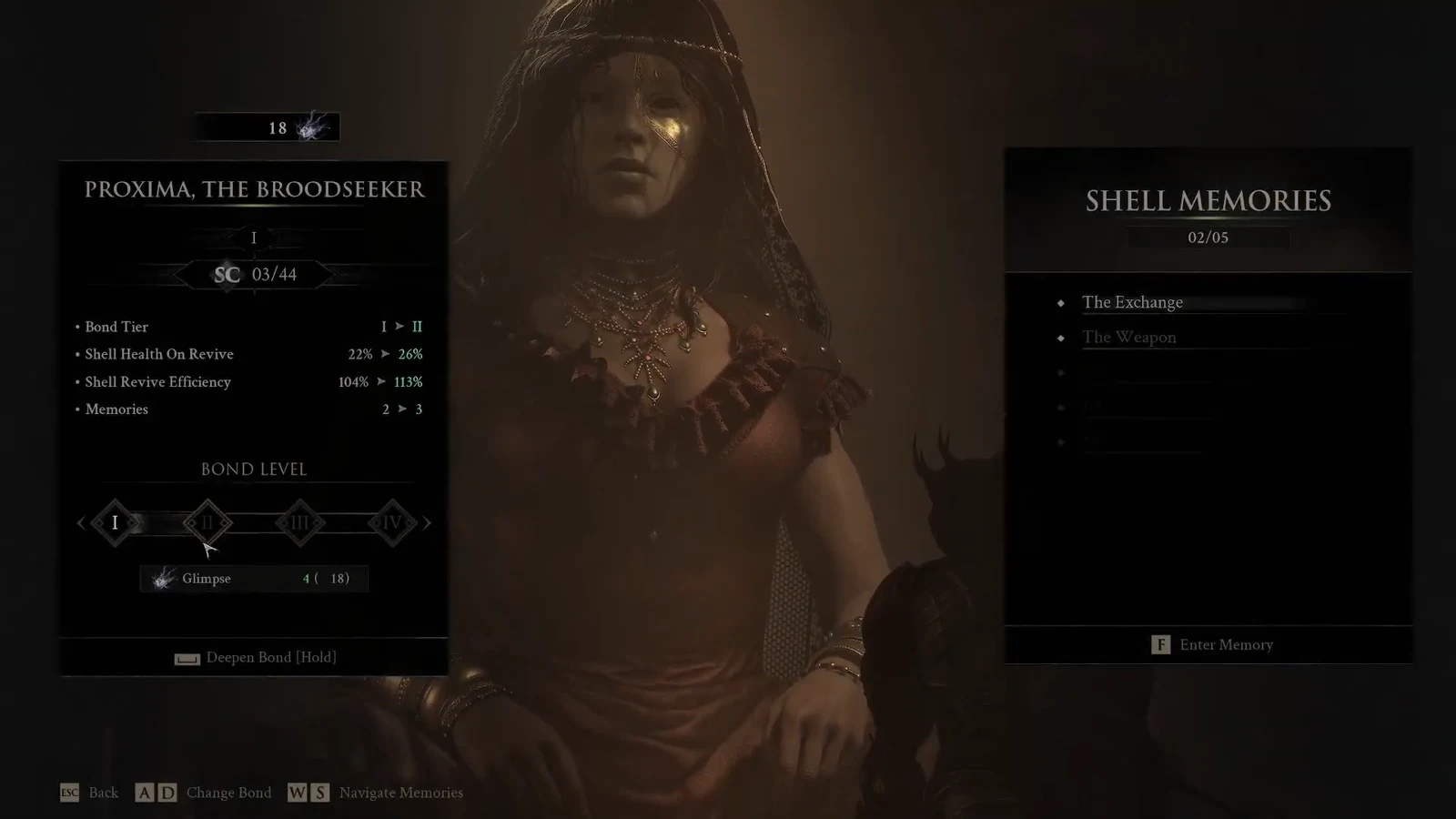 Shell Memories screen for Proxima, the Broodseeker with The Exchange highlighted