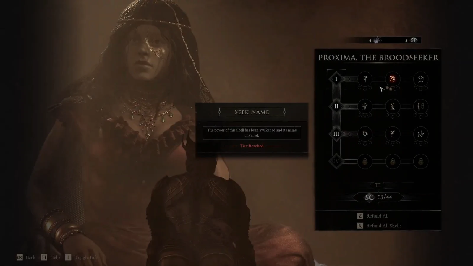 Proxima's Shell upgrade screen showing a newly reached tier and the Seek Name awakening