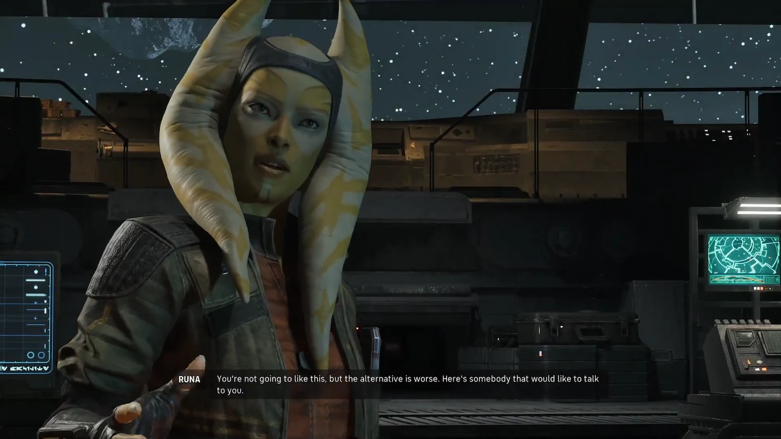 Runa speaking to Hawks at the holotable as the cutscene begins
