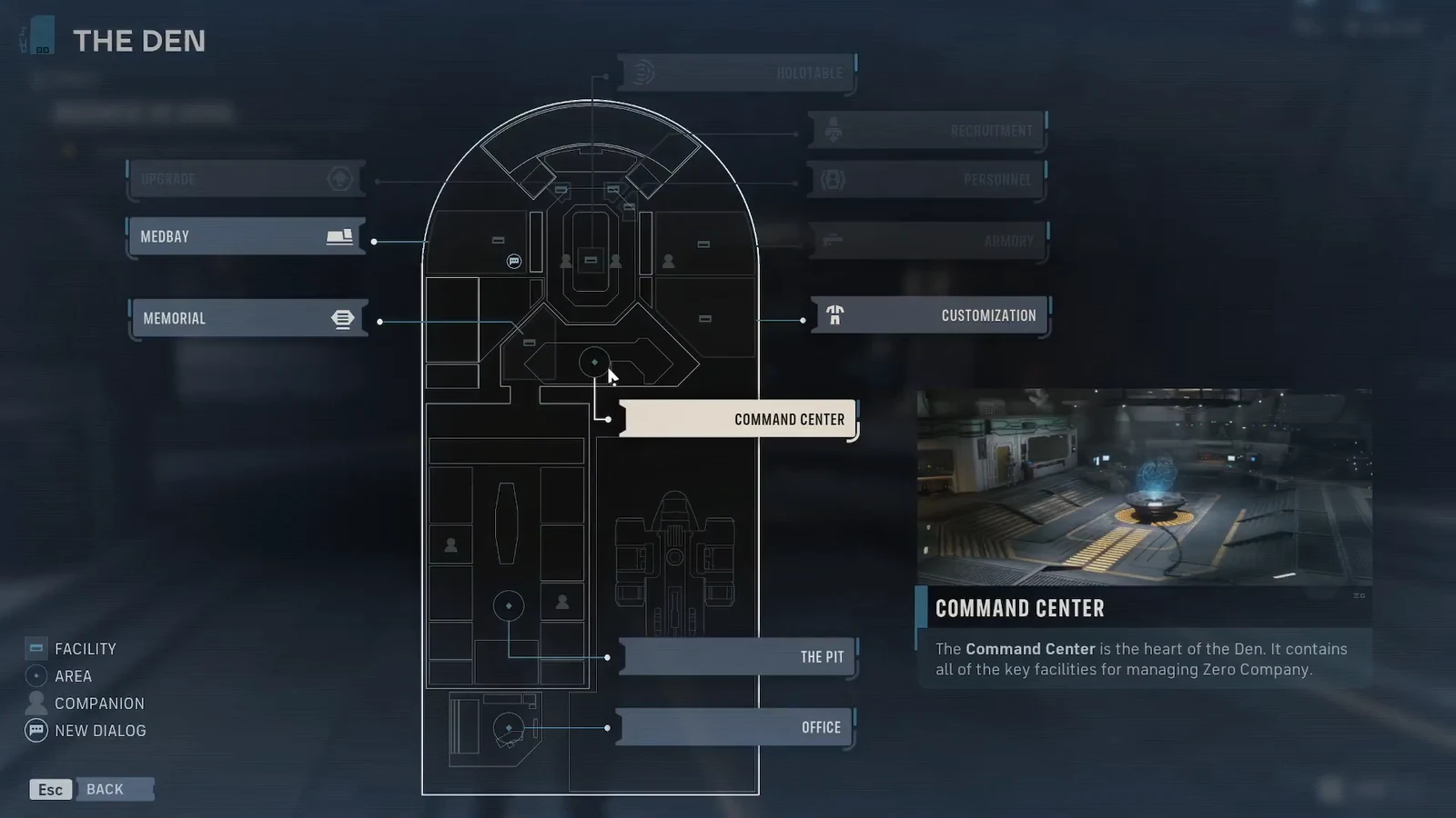 Den facility map with the Command Center highlighted and its description shown