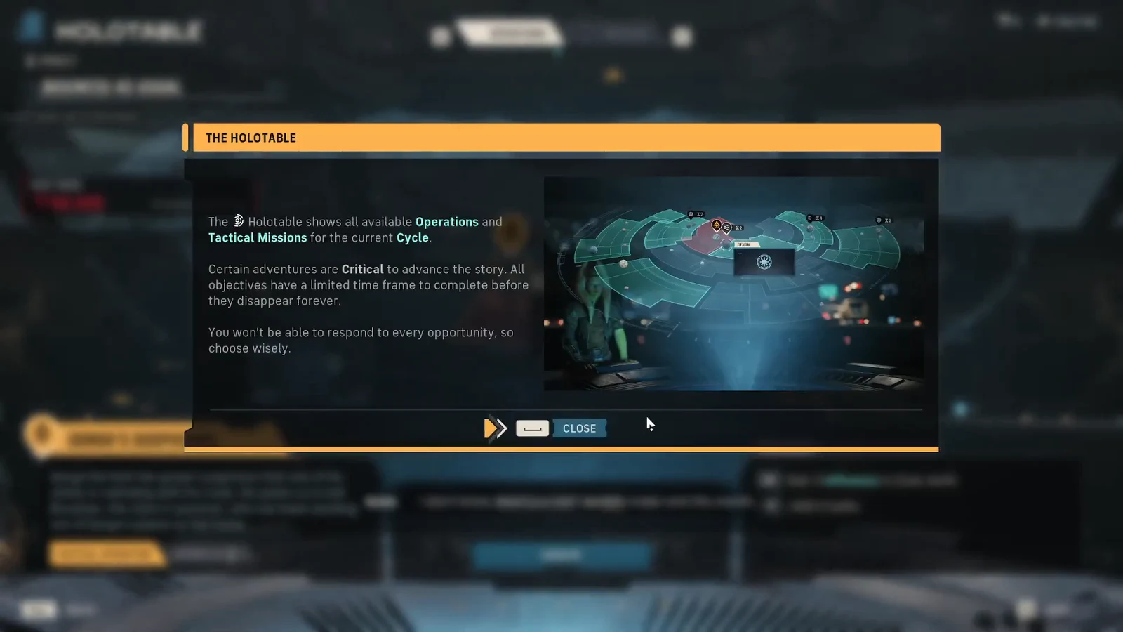 The Holotable tutorial panel explaining Operations and Tactical Missions with a Close button