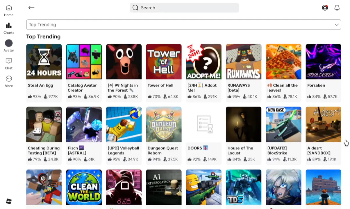 Roblox Top Trending grid of popular experiences used to locate the game tile