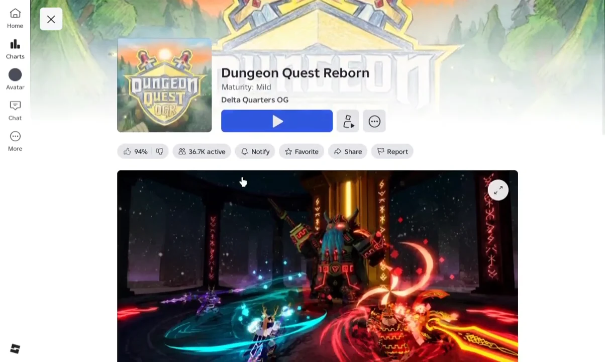 The Dungeon Quest Reborn Roblox experience page with the blue Play button visible