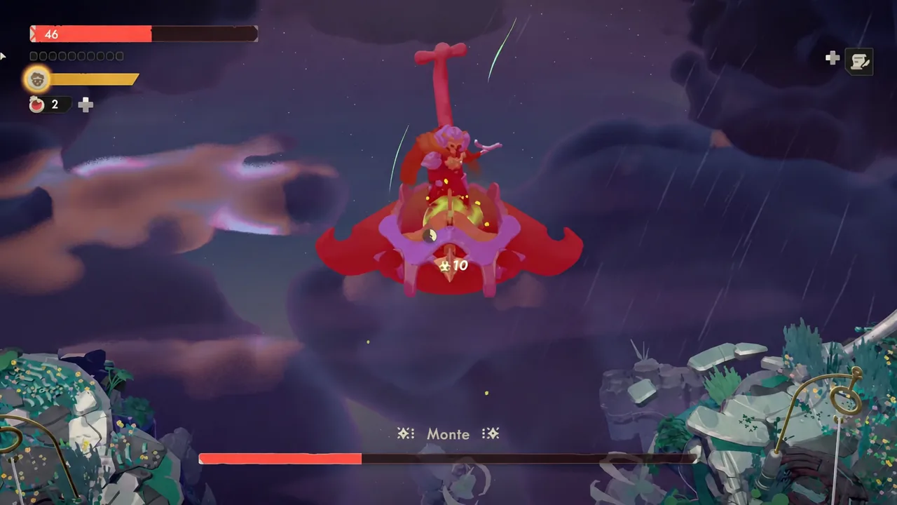 Monte takes damage in midair as the combat HUD and boss health bar stay on screen