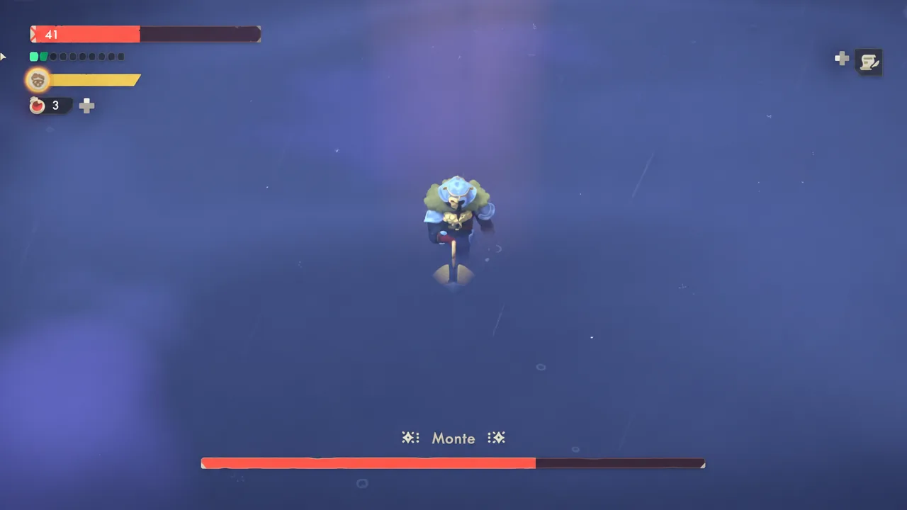 Monte hovers in the middle of the arena with his health meter partially drained
