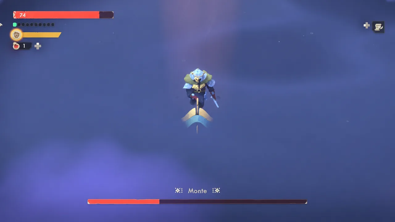 The player traverses Monte's arena between hazards during the boss encounter