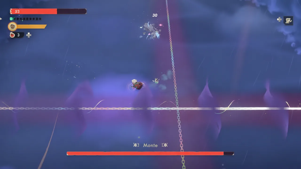 The player lands hits on the airborne boss while Monte's health bar sits at the bottom of the screen
