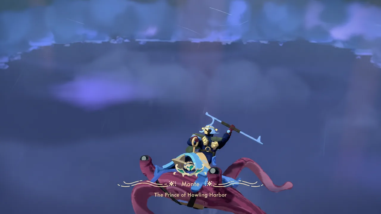 Monte swoops across the boss arena on his flying stingray while the player dodges below