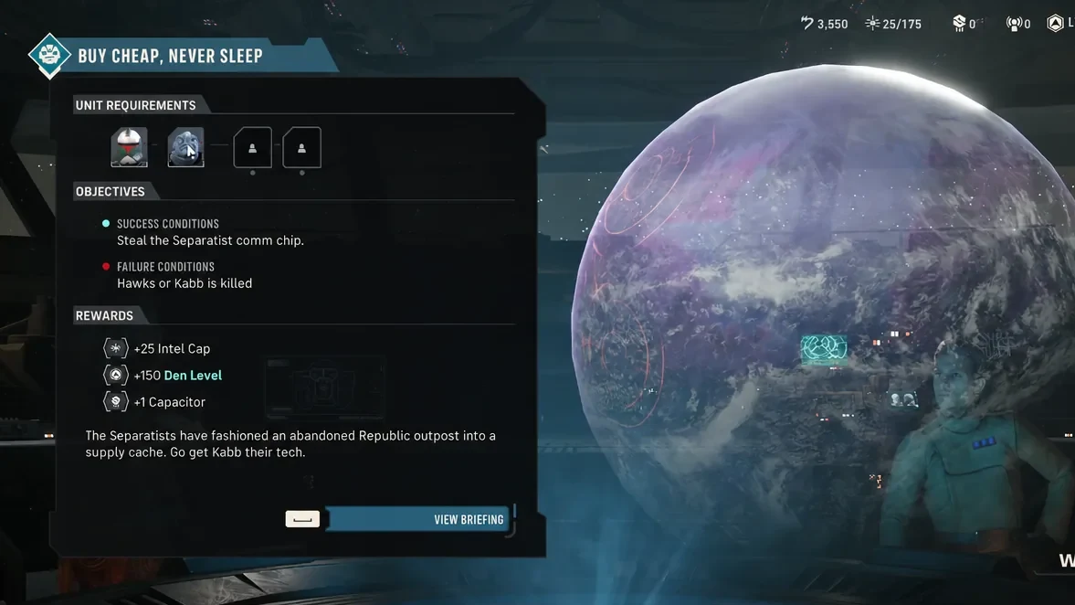 Buy Cheap, Never Sleep mission screen on Anaxes with the View Briefing option highlighted