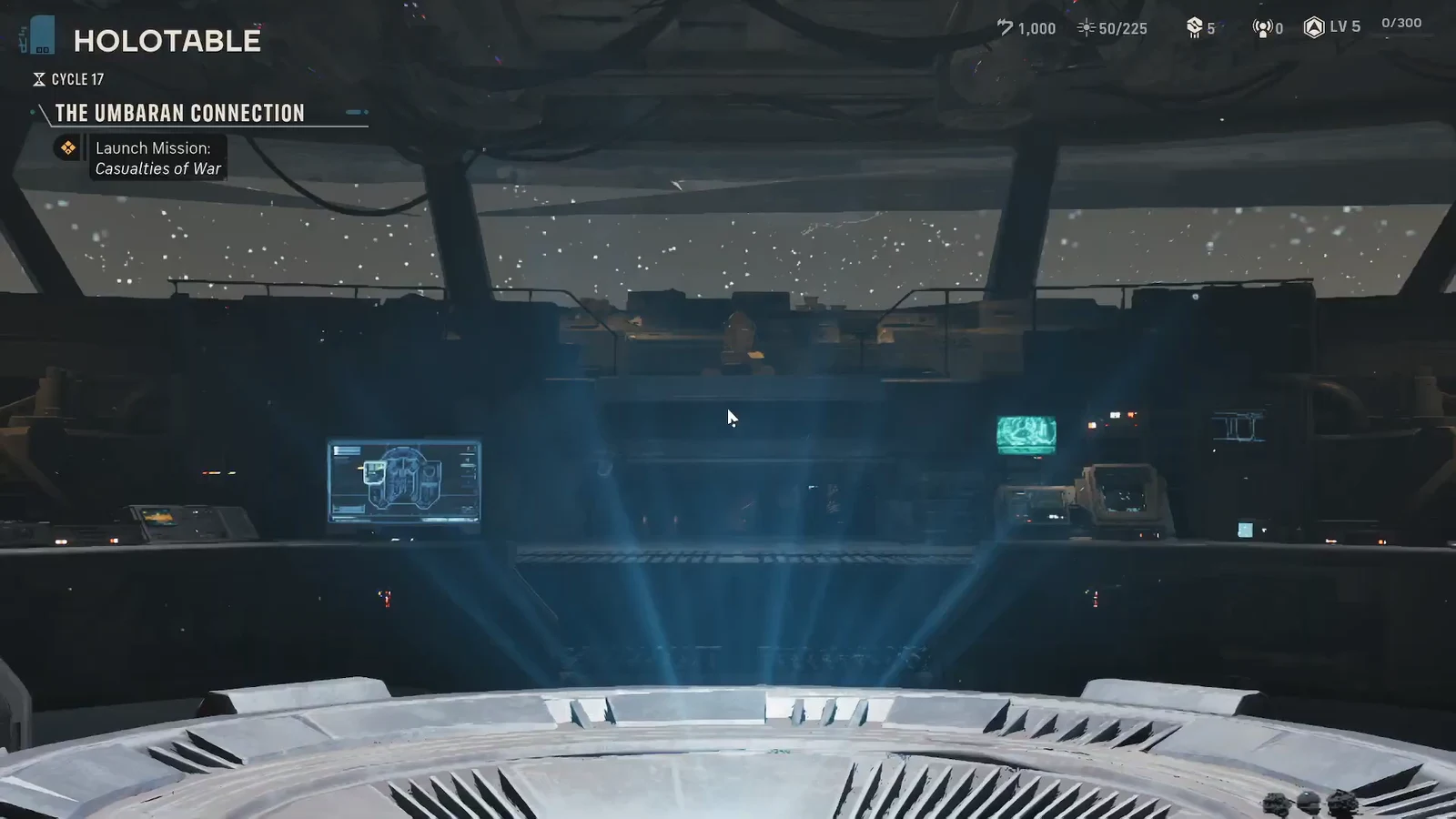 Holotable screen reading The Umbaran Connection with Launch Mission: Casualties of War ready to confirm