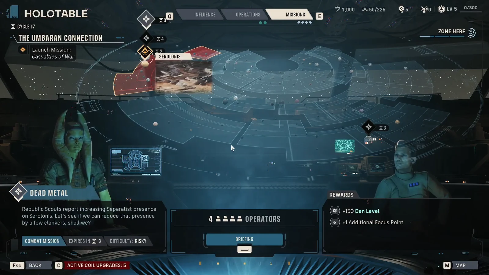 Missions tab on the Holotable with the Dead Metal entry highlighted and the Briefing option below it