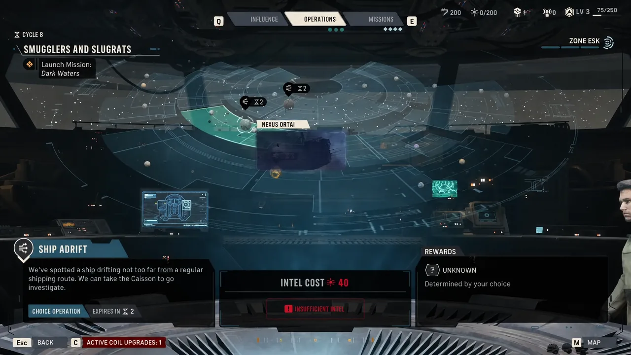 Holotable Operations tab with the Ship Adrift entry selected and the launch option greyed out for lack of Intel