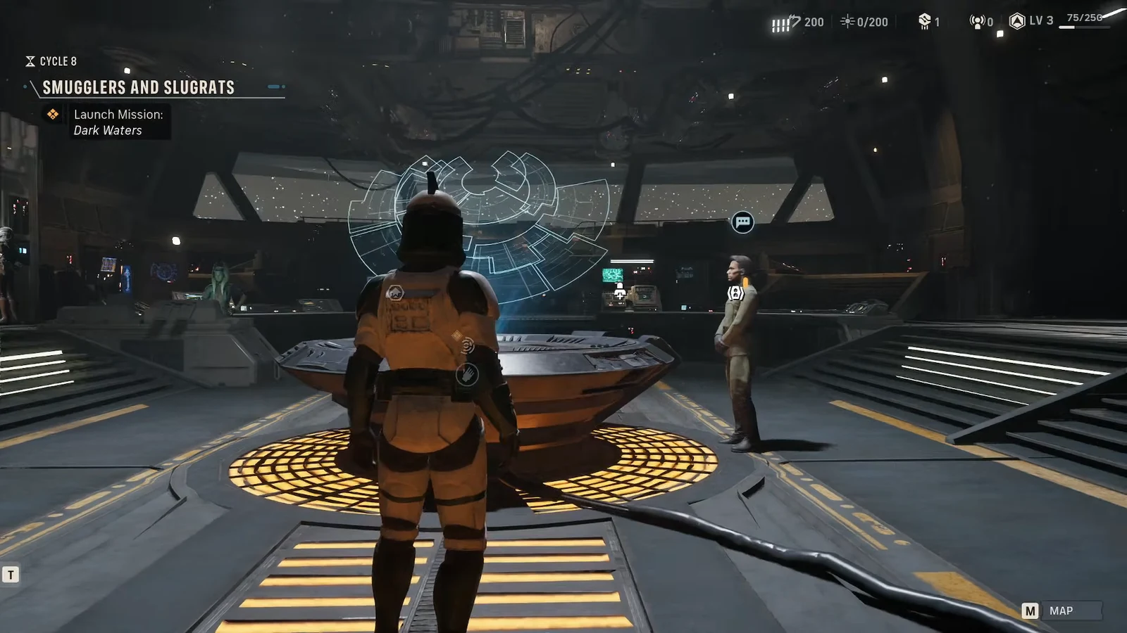 Den command deck during Cycle 8 with the objective tracker reading Launch Mission: Dark Waters above the Holotable